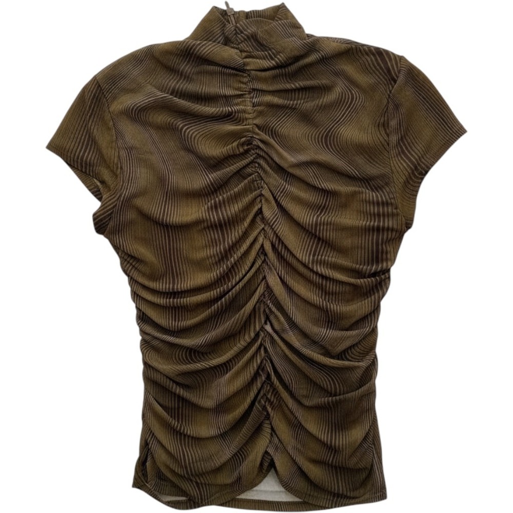 Olive Green Ruched Mock Neck Short Sleeve Pinstripe Top Zip Back